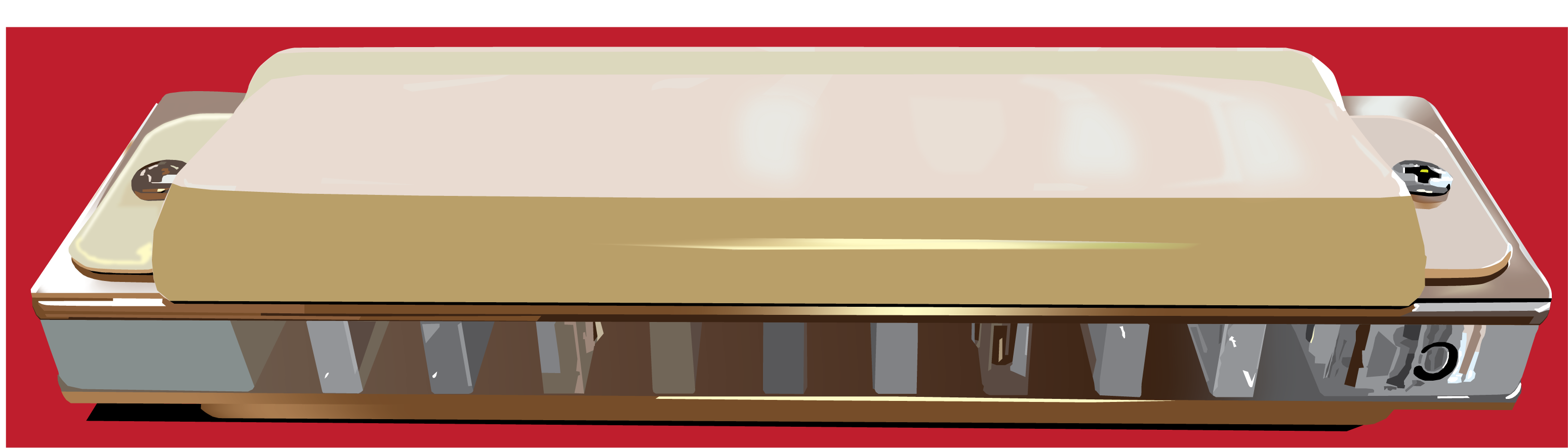 An illustration of a harmonica with a red background.